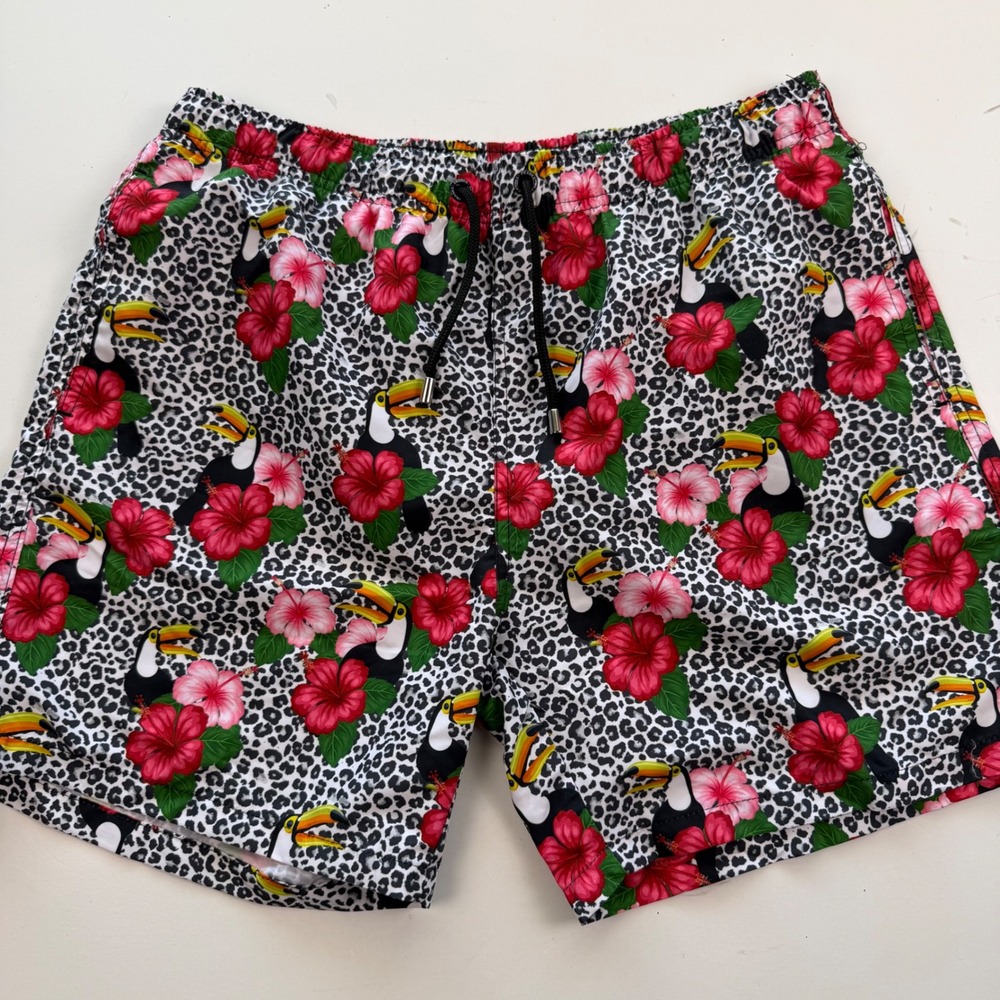 Franks Mens XL Swim Trunks Toucan Hibiscus Leopard Print Board Shorts Grey Red